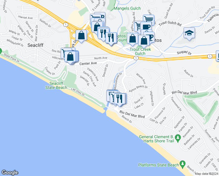 map of restaurants, bars, coffee shops, grocery stores, and more near 112 Glen Drive in Aptos