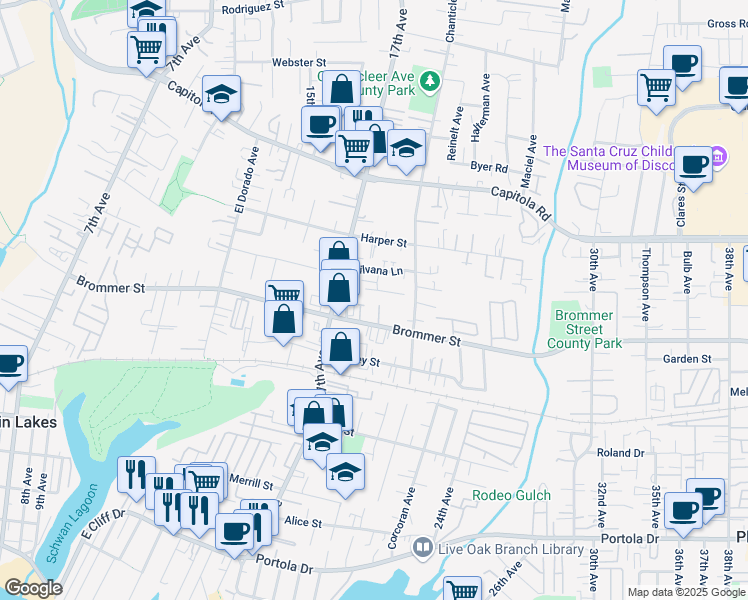 map of restaurants, bars, coffee shops, grocery stores, and more near 1826 Hector Lane in Santa Cruz