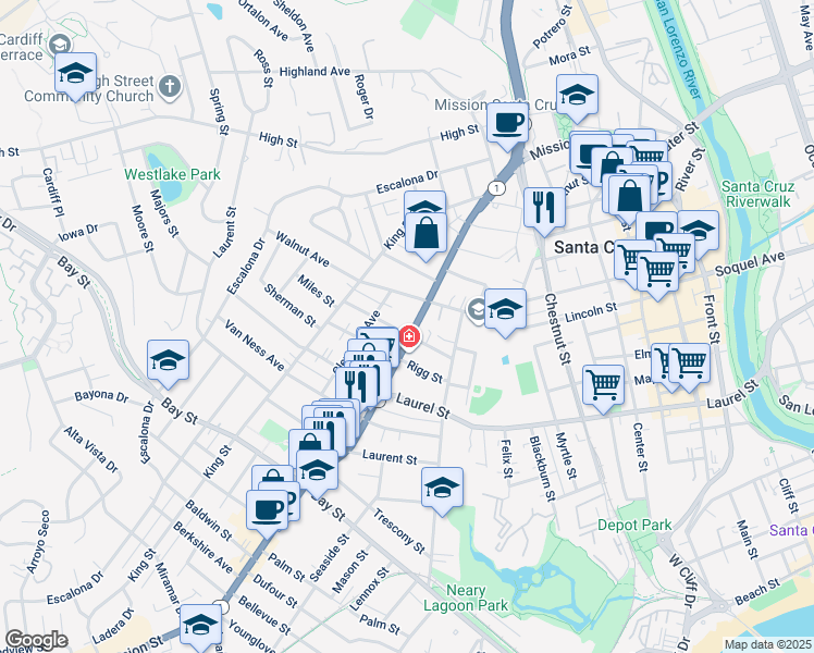map of restaurants, bars, coffee shops, grocery stores, and more near 926 Mission Street in Santa Cruz