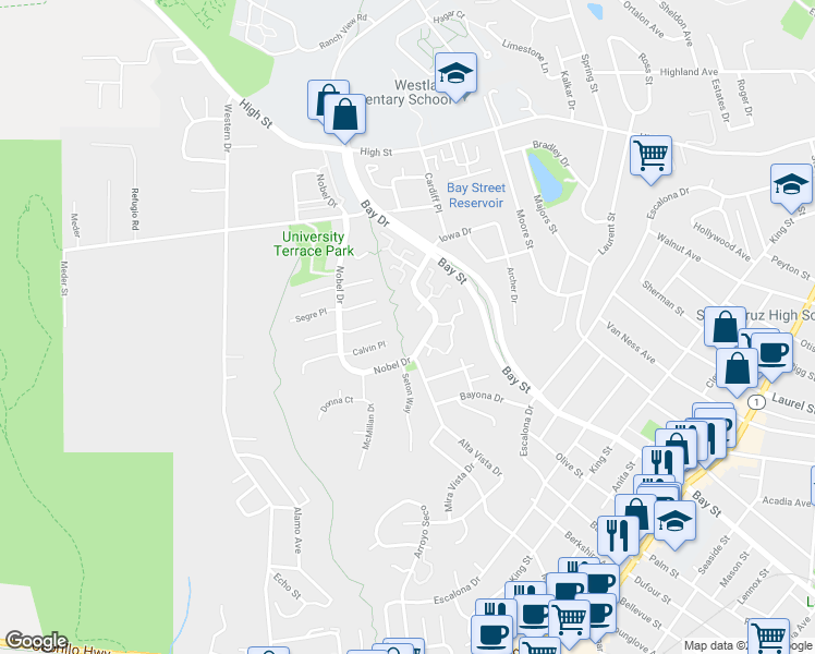 map of restaurants, bars, coffee shops, grocery stores, and more near 152 Castillion Terrace in Santa Cruz