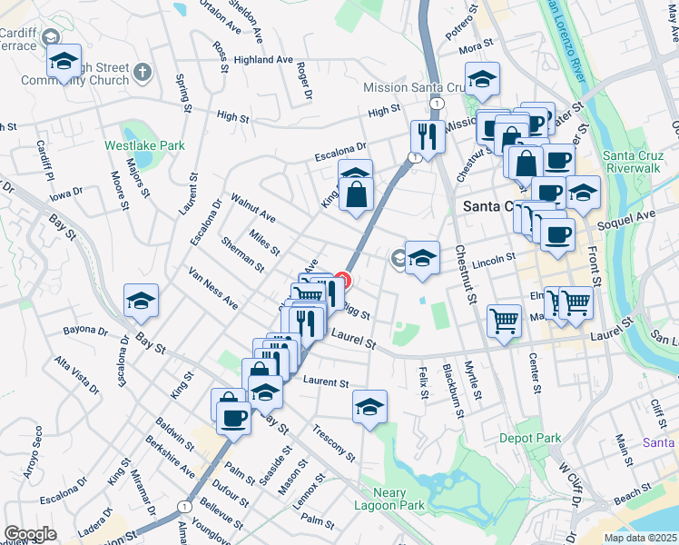 map of restaurants, bars, coffee shops, grocery stores, and more near 926 Mission Street in Santa Cruz