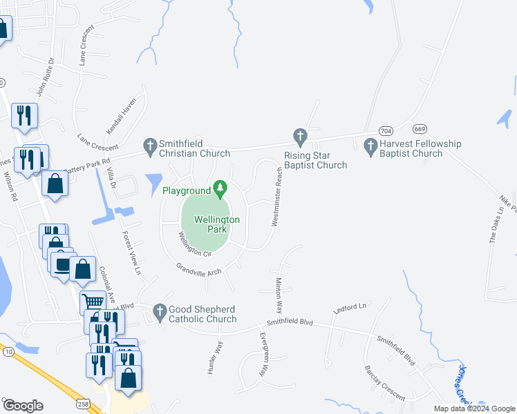 map of restaurants, bars, coffee shops, grocery stores, and more near 704 Bristol Street in Smithfield