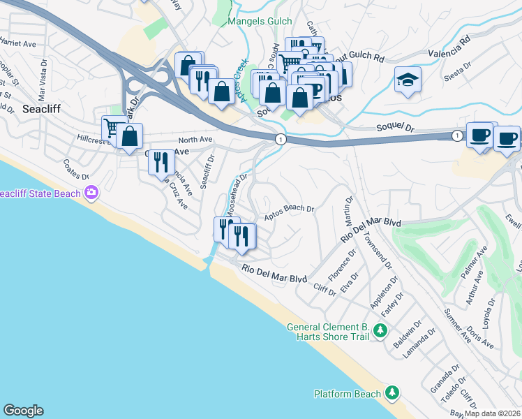 map of restaurants, bars, coffee shops, grocery stores, and more near 313 Treasure Island Drive in Aptos