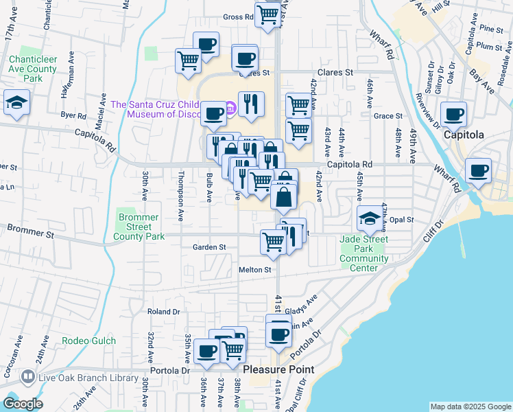 map of restaurants, bars, coffee shops, grocery stores, and more near 1601 41st Ave in Capitola