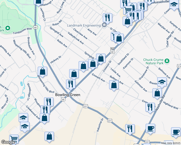 map of restaurants, bars, coffee shops, grocery stores, and more near 44 Emmett Avenue in Bowling Green