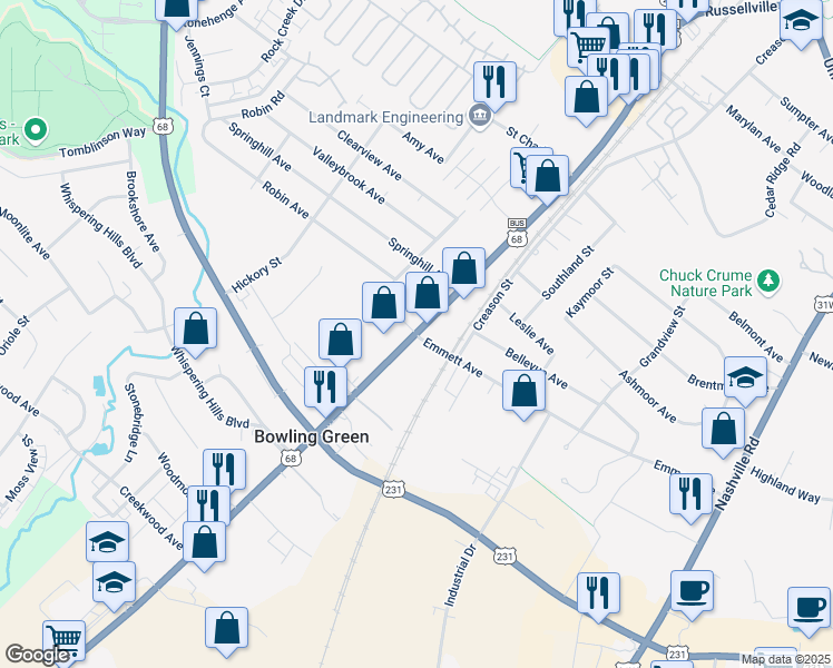 map of restaurants, bars, coffee shops, grocery stores, and more near 12 Emmett Avenue in Bowling Green