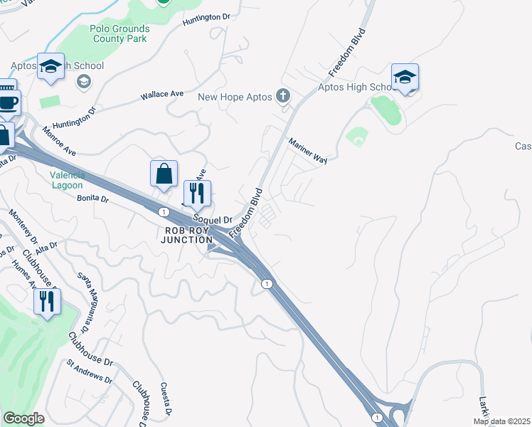 map of restaurants, bars, coffee shops, grocery stores, and more near 7525 Freedom Boulevard in Aptos