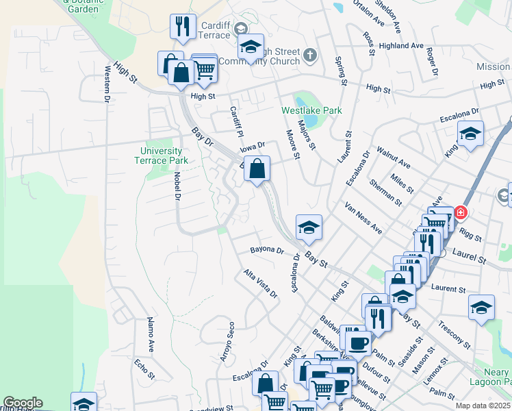 map of restaurants, bars, coffee shops, grocery stores, and more near 105 Palo Verde Terrace in Santa Cruz