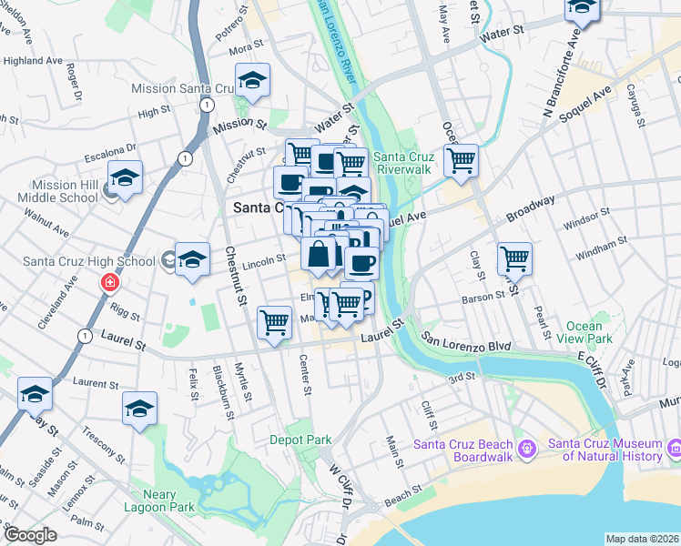 map of restaurants, bars, coffee shops, grocery stores, and more near Pacific Ave & Cathcart St in Santa Cruz