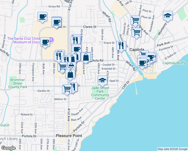 map of restaurants, bars, coffee shops, grocery stores, and more near 4390 Diamond Street in Capitola