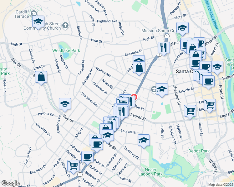 map of restaurants, bars, coffee shops, grocery stores, and more near 315 Otis Street in Santa Cruz