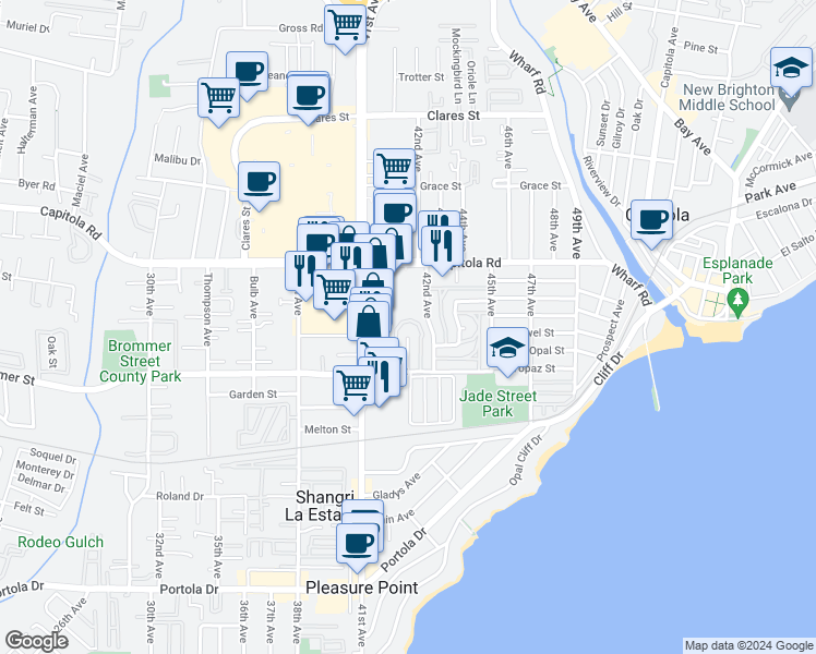 map of restaurants, bars, coffee shops, grocery stores, and more near 1440 Ruby Court in Capitola