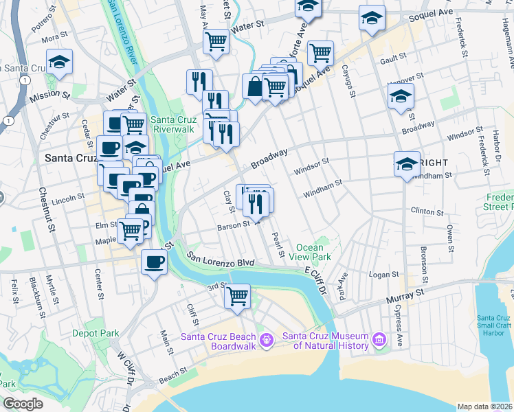 map of restaurants, bars, coffee shops, grocery stores, and more near 330 Ocean Street in Santa Cruz