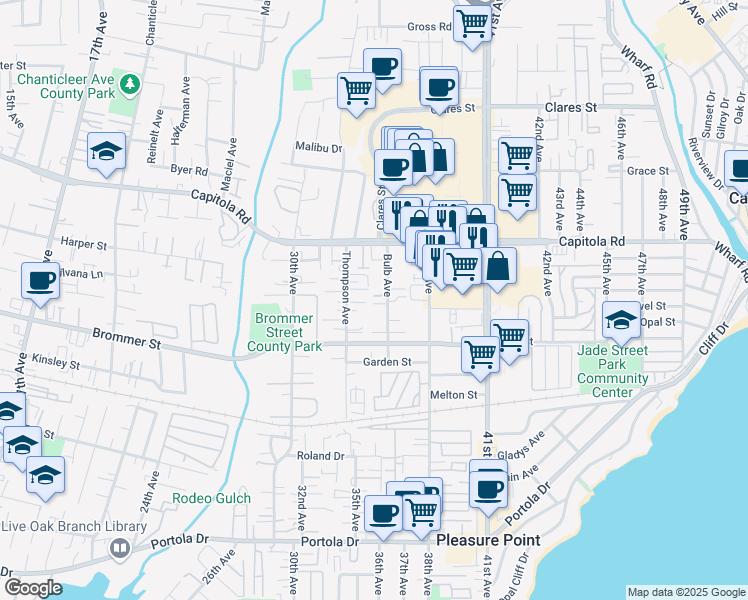 map of restaurants, bars, coffee shops, grocery stores, and more near 1479 Bulb Avenue in Santa Cruz