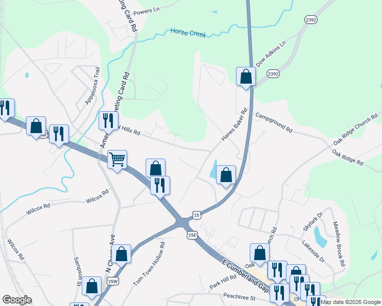 map of restaurants, bars, coffee shops, grocery stores, and more near 401 North Hills Road in Corbin