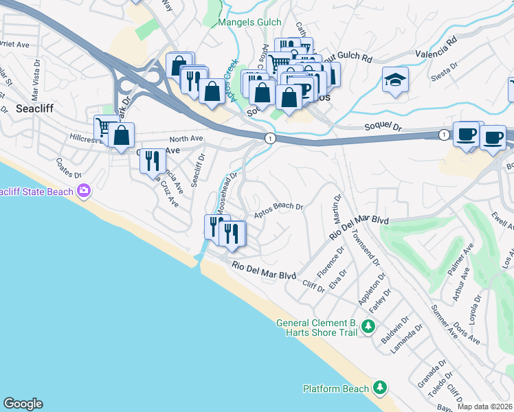 map of restaurants, bars, coffee shops, grocery stores, and more near 307 Treasure Island Drive in Aptos
