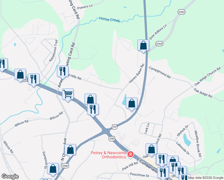 map of restaurants, bars, coffee shops, grocery stores, and more near 391 North Hills Road in Corbin