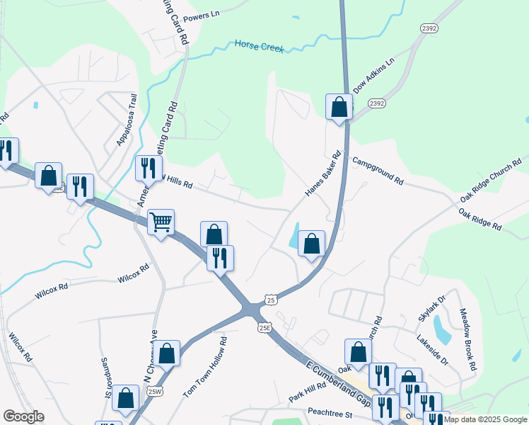 map of restaurants, bars, coffee shops, grocery stores, and more near 401 North Hills Road in Corbin