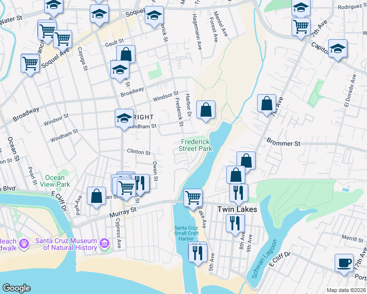 map of restaurants, bars, coffee shops, grocery stores, and more near 101 Annie Lane in Santa Cruz