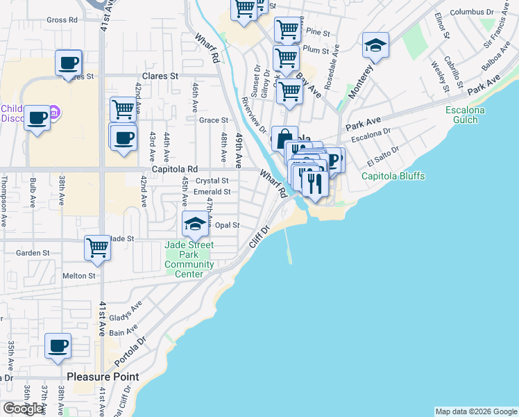 map of restaurants, bars, coffee shops, grocery stores, and more near 1490 Prospect Avenue in Capitola