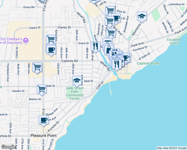 map of restaurants, bars, coffee shops, grocery stores, and more near 4960 Garnet Street in Capitola