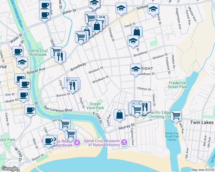 map of restaurants, bars, coffee shops, grocery stores, and more near 118 Pleasant Street in Santa Cruz