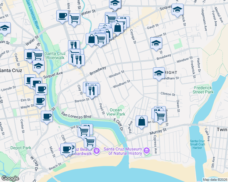 map of restaurants, bars, coffee shops, grocery stores, and more near 250 Ocean View Avenue in Santa Cruz