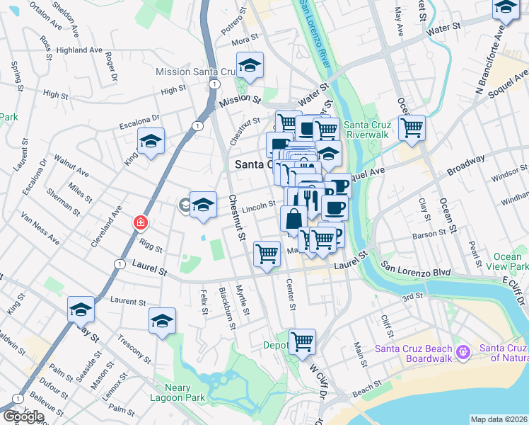 map of restaurants, bars, coffee shops, grocery stores, and more near 543 Center Street in Santa Cruz