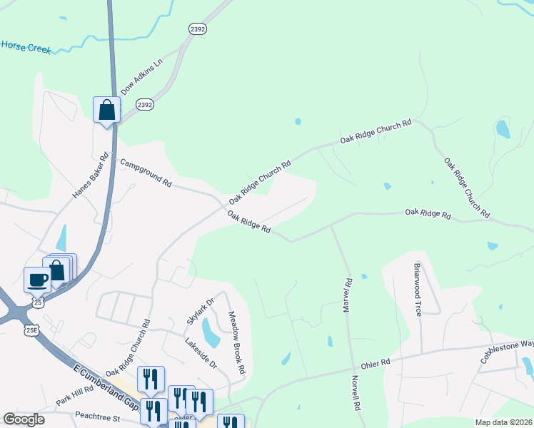 map of restaurants, bars, coffee shops, grocery stores, and more near 47 Tuit Acres Road in Corbin