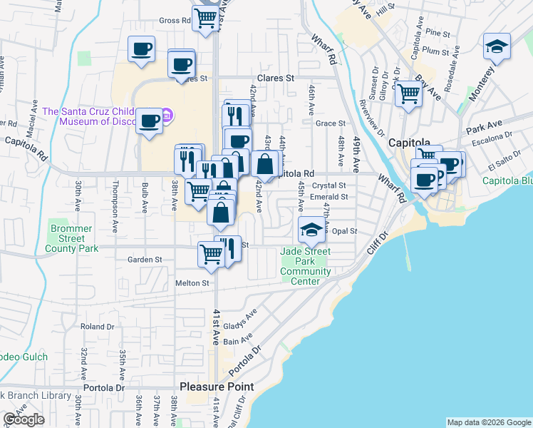 map of restaurants, bars, coffee shops, grocery stores, and more near 1460 42nd Avenue in Capitola