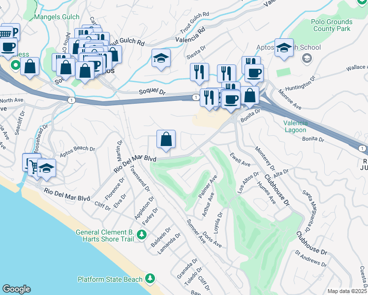 map of restaurants, bars, coffee shops, grocery stores, and more near 212 Augusta Lane in Aptos