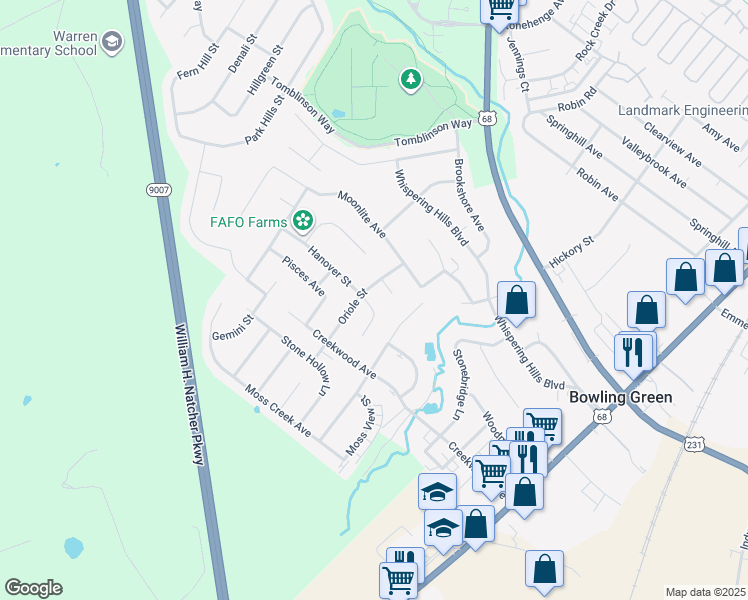 map of restaurants, bars, coffee shops, grocery stores, and more near 264 Hanover Court in Bowling Green