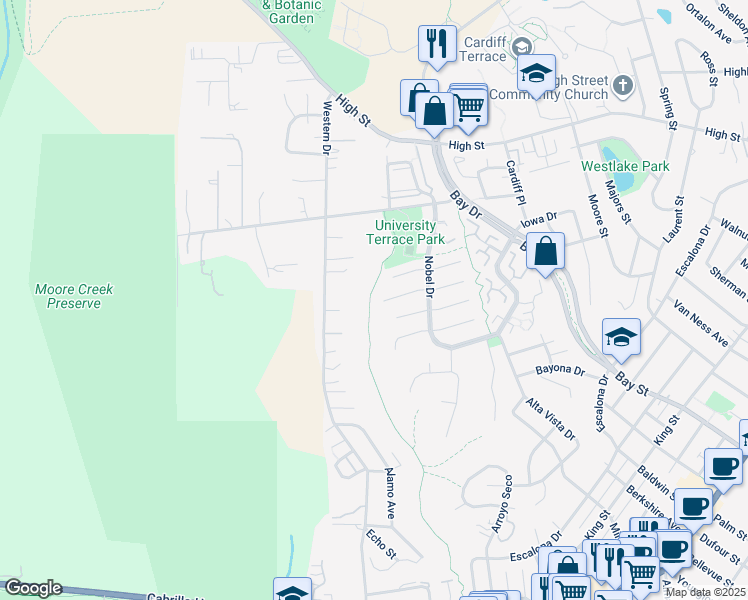 map of restaurants, bars, coffee shops, grocery stores, and more near 256 Segre Place in Santa Cruz