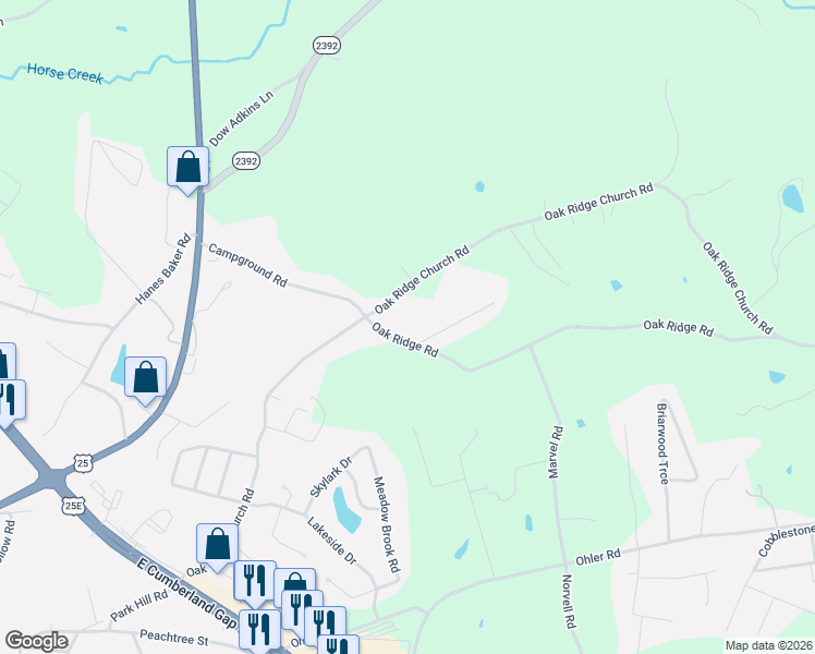 map of restaurants, bars, coffee shops, grocery stores, and more near 47 Tuit Acres Road in Corbin
