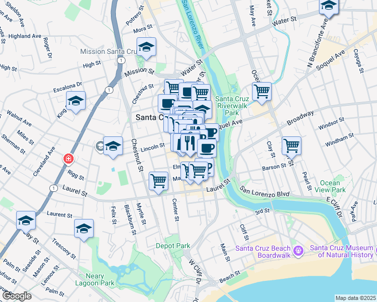 map of restaurants, bars, coffee shops, grocery stores, and more near 233 Cathcart Street in Santa Cruz