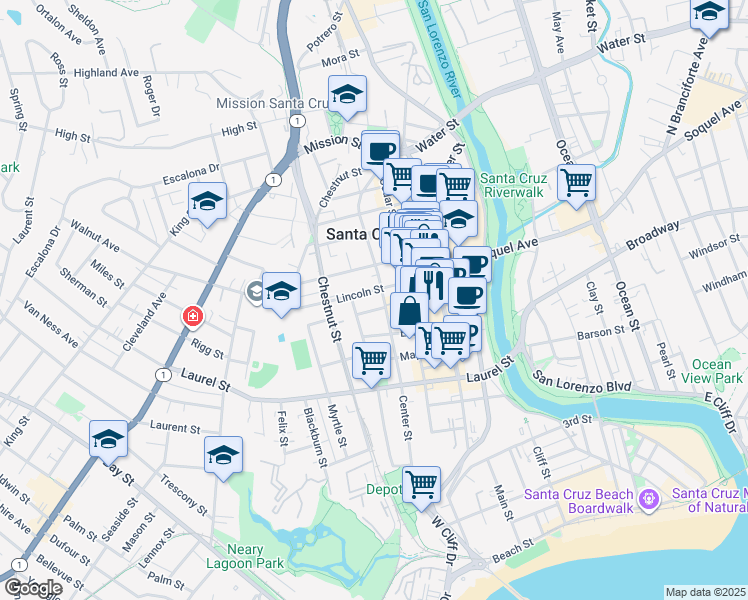 map of restaurants, bars, coffee shops, grocery stores, and more near 543 Center Street in Santa Cruz