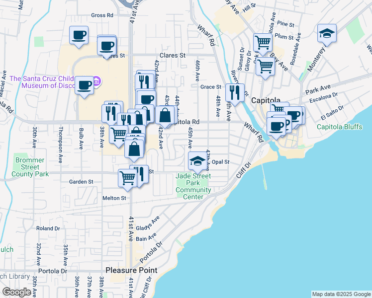 map of restaurants, bars, coffee shops, grocery stores, and more near 1475 45th Avenue in Capitola
