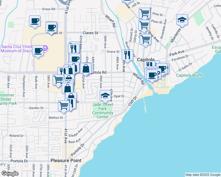 map of restaurants, bars, coffee shops, grocery stores, and more near 4590 Garnet Street in Capitola