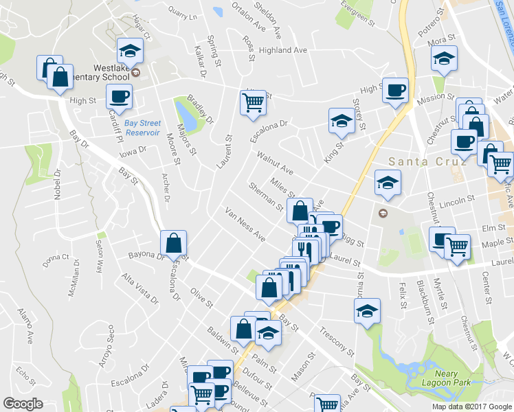 map of restaurants, bars, coffee shops, grocery stores, and more near 1436 Laurel Street in Santa Cruz