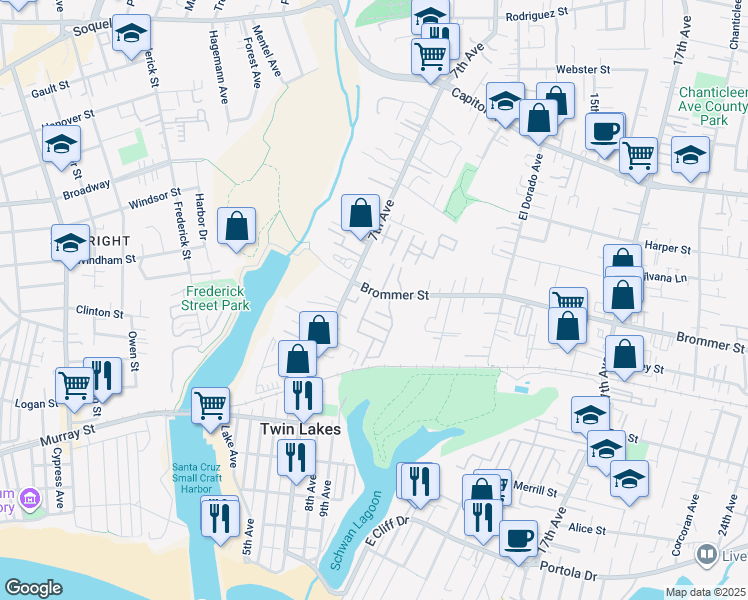 map of restaurants, bars, coffee shops, grocery stores, and more near 53 Amalfi Drive in Santa Cruz