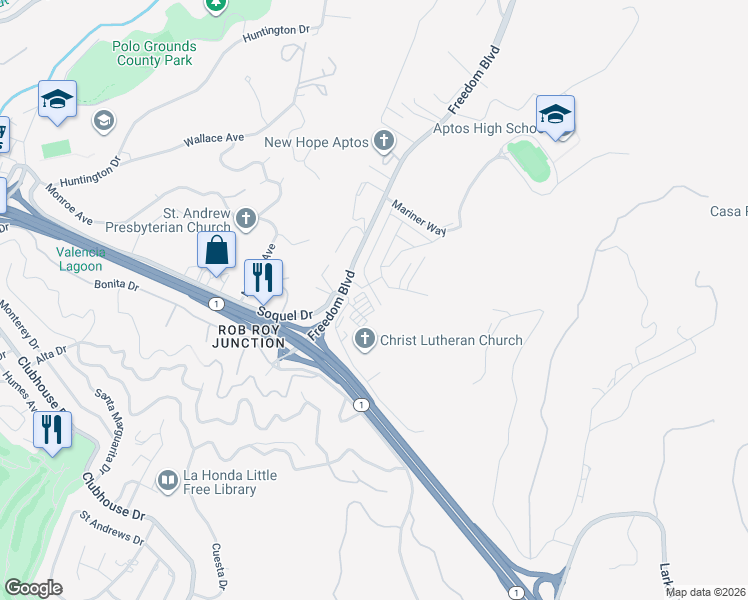 map of restaurants, bars, coffee shops, grocery stores, and more near 7525 Freedom Boulevard in Aptos