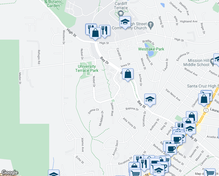 map of restaurants, bars, coffee shops, grocery stores, and more near 140 Castillion Terrace in Santa Cruz