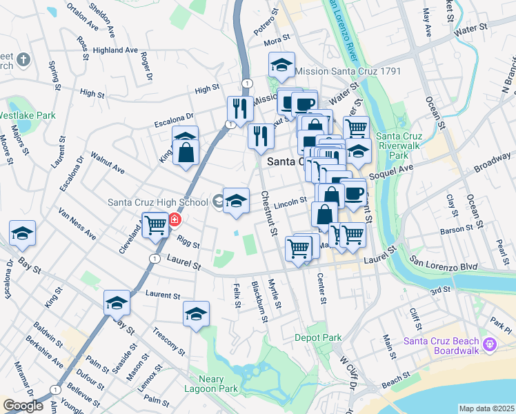map of restaurants, bars, coffee shops, grocery stores, and more near 512 Lincoln Street in Santa Cruz