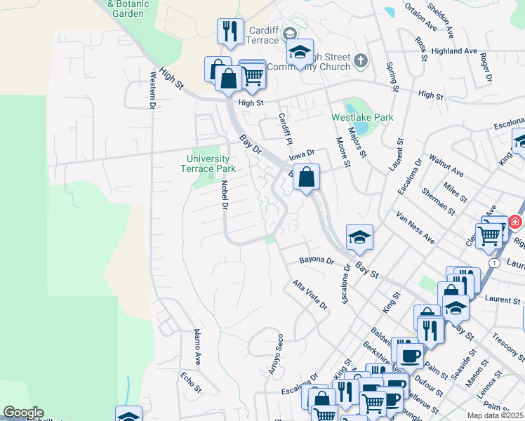 map of restaurants, bars, coffee shops, grocery stores, and more near 140 Castillion Terrace in Santa Cruz