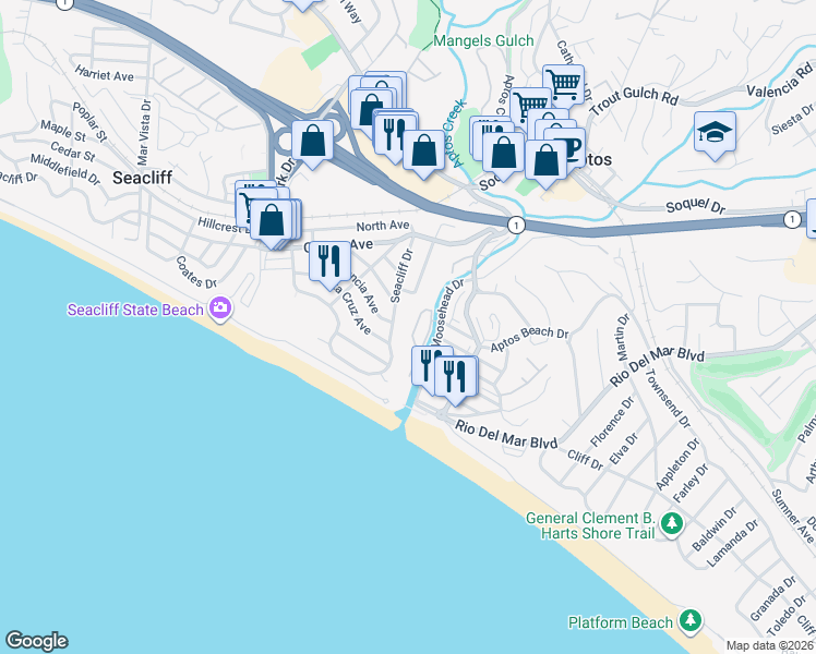 map of restaurants, bars, coffee shops, grocery stores, and more near 119 Glen Drive in Aptos