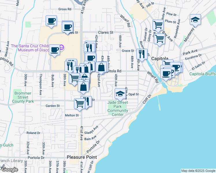 map of restaurants, bars, coffee shops, grocery stores, and more near 4390 Diamond Street in Capitola