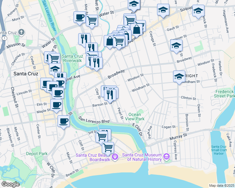 map of restaurants, bars, coffee shops, grocery stores, and more near 315 Ocean View Avenue in Santa Cruz