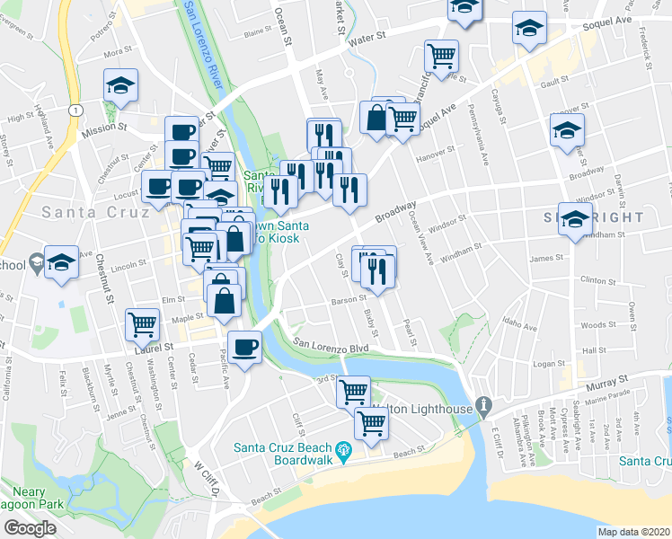map of restaurants, bars, coffee shops, grocery stores, and more near 137 Clay Street in Santa Cruz