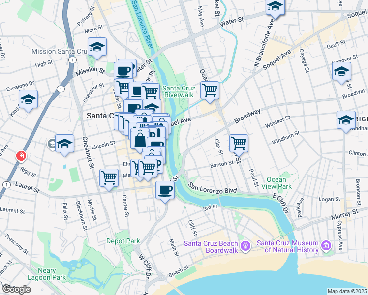 map of restaurants, bars, coffee shops, grocery stores, and more near 809 Riverside Avenue in Santa Cruz