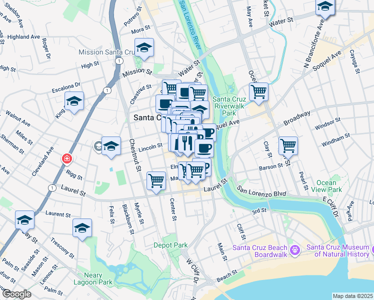 map of restaurants, bars, coffee shops, grocery stores, and more near 233 Cathcart Street in Santa Cruz